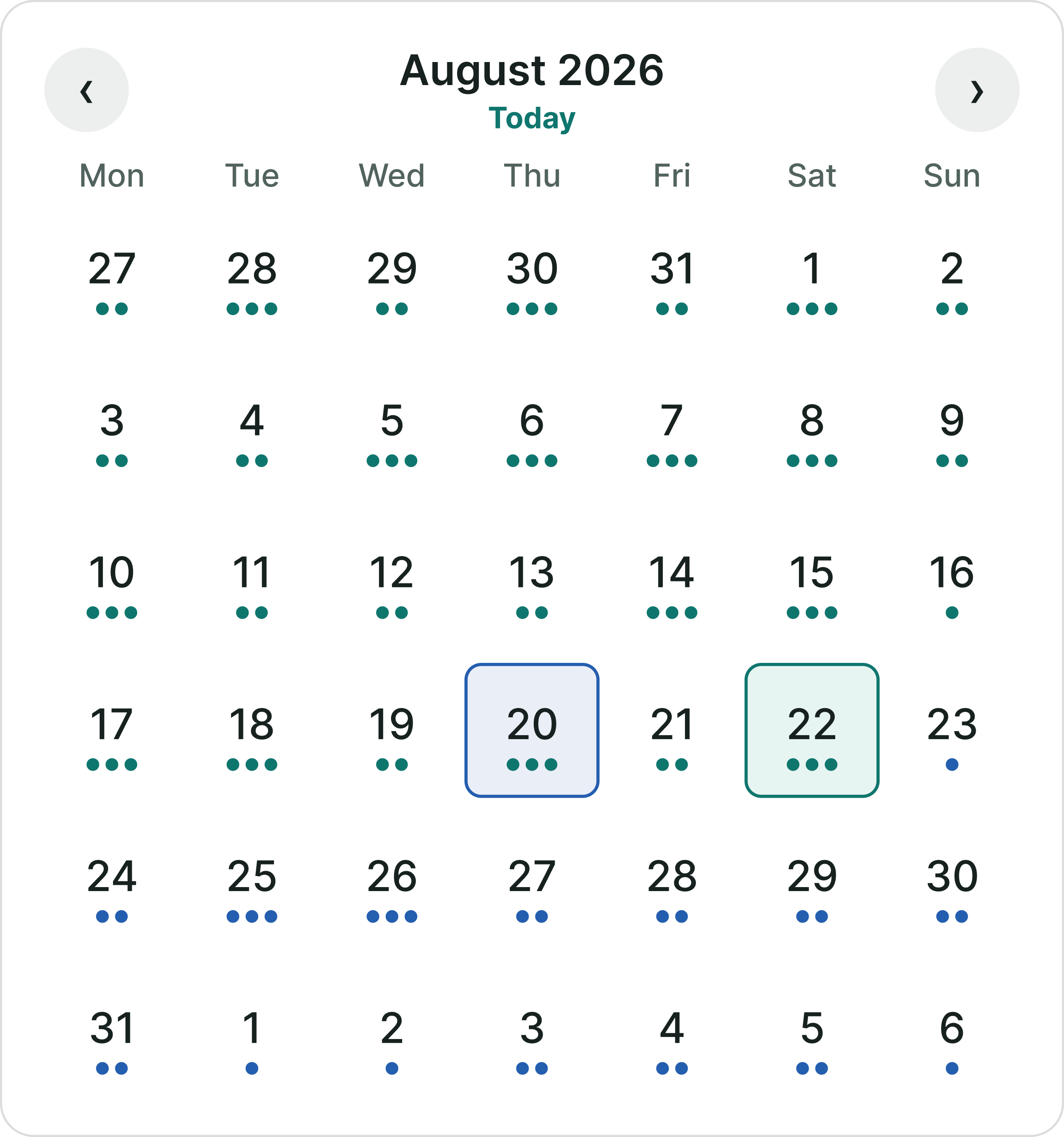 Monthly calendar showing days with planned and recorded activity